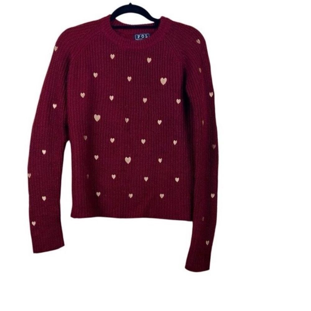 Pol Sweater Pullover Embroidered Gold Hearts Red Cotton Blend